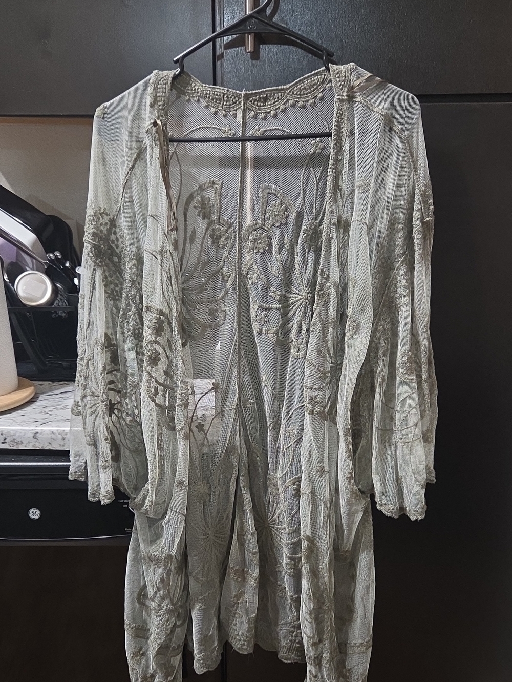 Time and Tru Sage Green Sheer Embroidered Kimono Coverup